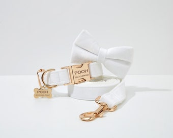 Weißes Samt-Hochzeits-Hundehalsband-Fliege-Leine-Set, personalisiertes Hundezubehör mit Namensgravur, Welpenhalsband-Leine-Bogen-Outfit zur Hochzeit