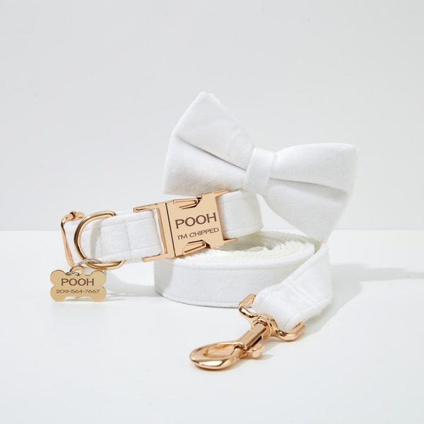 Witte fluwelen bruiloft halsband Bowtie Leash Set, gepersonaliseerde hondenaccessoires met naamgravure, Puppy Collar Leash Bow Outfit op bruiloft