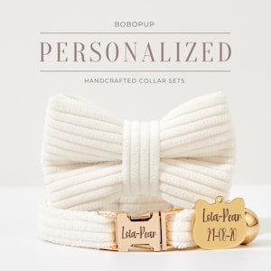 Customized White Corduroy Cat Collar Bell Leash Set For Wedding Gift,Handmade Kitty Collar Leash For Birthday Gift,Luxury Puppy Collar Leash