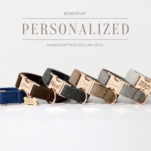 May include: Five personalized dog collars with gold buckles and engraved names. The collars are made of brown, gray, and blue tweed fabric. The names on the collars are Bruno, Olive, Ned, Sadie, Charles, and Tito.  BOBOPUP HANDCRAFTED COLLAR SETS.