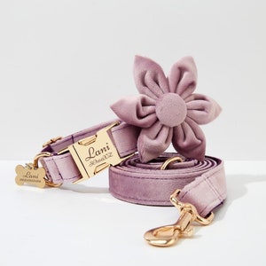 Lavender Personalized Dog Collar Bow tie and Leash Set, Luxury Velvet with Engraved Metal Buckle, Designer Lilac Dog Dress at Wedding