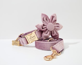 Lavender Velvet Dog Collar Bowtie Leash Set, Personalized Engraved Buckle