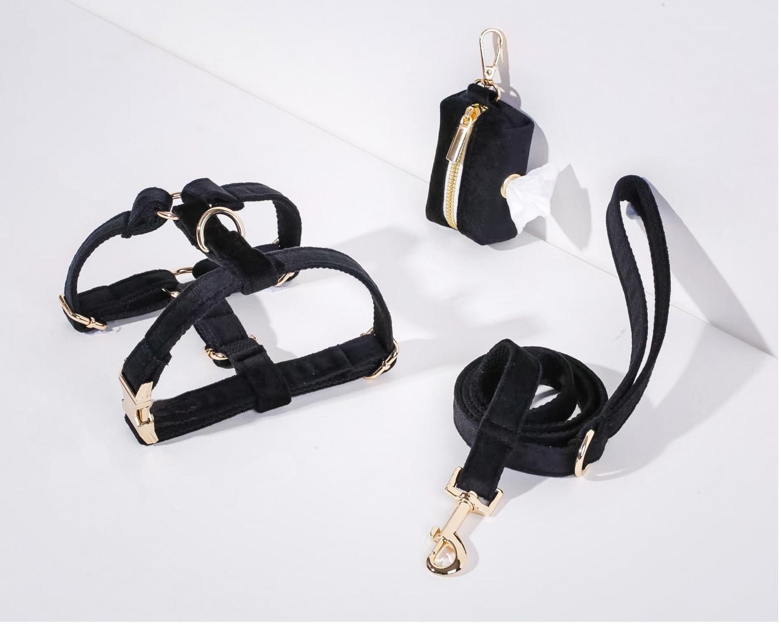Black Velvet Dog Harness Bow Tie Leash Set Personalised Dog Etsy