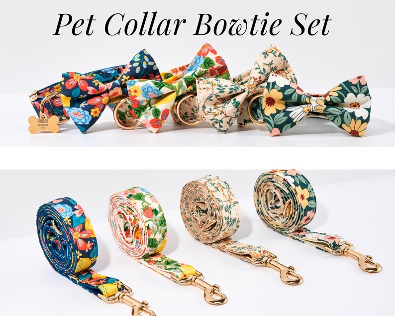 May include: A set of pet collars and matching leashes with floral patterns. The image shows four bowties attached to collars and four rolled-up leashes. The text "Pet Collar Bowtie Set" is at the top. The collars and leashes have gold-colored hardware.