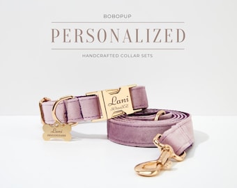 Lavender Personalized Dog Collar Bow tie and Leash Set, Luxury Velvet with Engraved Metal Buckle, Designer Lilac Dog Dress at Wedding