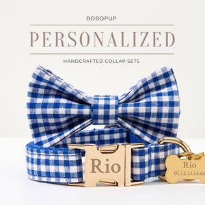 Puppy Dog Collar Bow,Blue Plaid Dog Collar, Personalized Dog Collar with Name, Pet Collar for Boy Dog, Gingham Dog Collar, UK Free Shipping