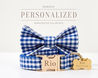 Personalized Blue Plaid Dog Collar Bowtie, Engraved Buckle