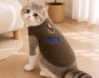 Custom Embroidered Cat Vest, Personalized Dog Jacket with Name, Warm Fleece Pet Clothes, Pet Birthday Gift