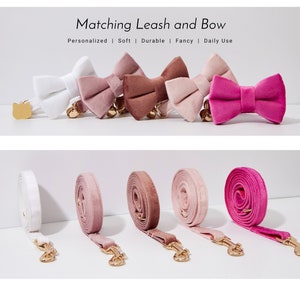 May include: Five matching velvet bow ties and leashes in white, pink, brown, light pink, and fuchsia.  The leashes are made of velvet and have a gold metal clasp.  The bow ties are also made of velvet and have a gold metal bell.