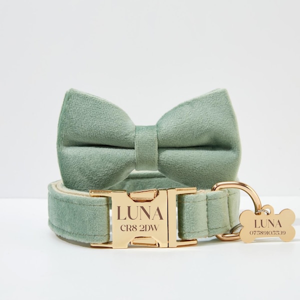 Sage Green Velvet Personalized Dog Collar Bowtie  Flower, Green Mint Thick Velvet Wedding Dog Collar and Leash, Custom Puppy Dog Collar Set