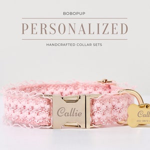 Collar y correa para perros hechos a mano de encaje rosa, elegante collar personalizado para cachorros de verano Kawaii con hebilla dorada, collar personalizado para mascotas de verano lindo imagen 1
