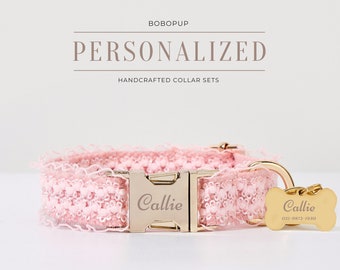 Pink Lace Handmade Dog Collar and Leash Set, Elegant Custom Kawaii Summer Puppy Collar with Gold Buckle, Personalized Cute Summer Pet Collar