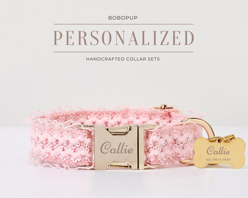 Collar y correa para perros hechos a mano de encaje rosa, elegante collar personalizado para cachorros de verano Kawaii con hebilla dorada, collar personalizado para mascotas de verano lindo imagen 1