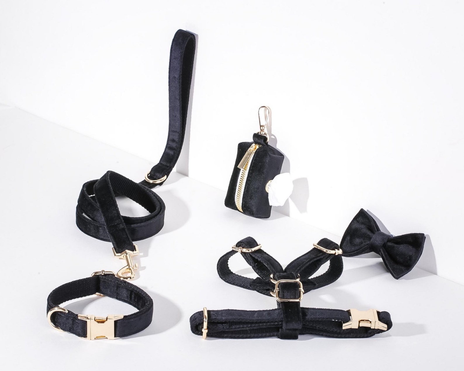 Black Velvet Dog Harness Bow Tie Leash Set Personalised Dog Etsy