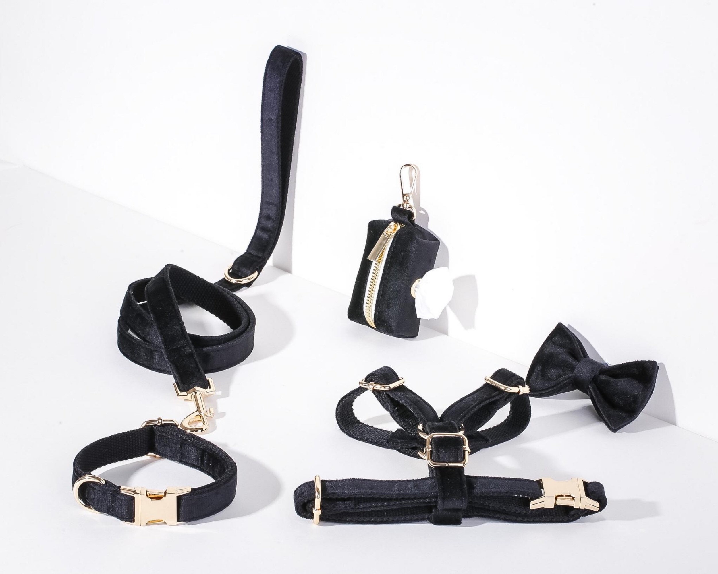 Black Velvet Dog Harness Bow Tie Leash Set Personalised Dog Etsy