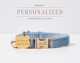 Dusty Blue Velvet Custom Cat Collar With Name, Puppy Collar Leash, Engraved Gold Cat Tag,Handmade Luxury Cat Collar for Wedding Gift