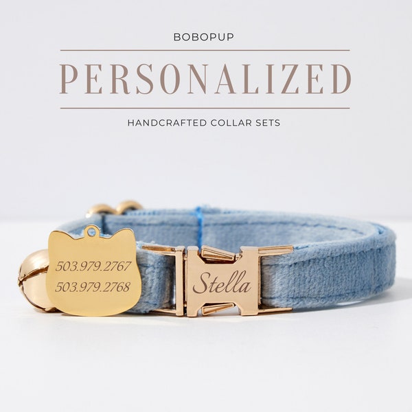 Dusty Blue Velvet Custom Cat Collar With Name, Puppy Collar Leash, Engraved Gold Cat Tag,Handmade Luxury Cat Collar for Wedding Gift