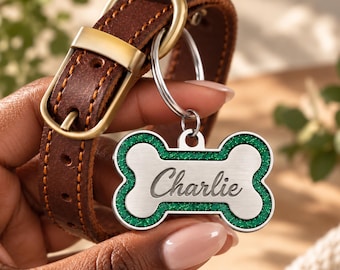 Glitter Pet ID Tag, Custom Bone Name Tag for Dog Collar, Cat Collar and Harness
