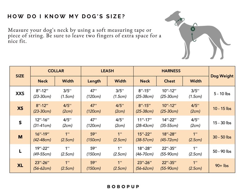 May include: A chart showing dog collar, leash, and harness sizes for different dog breeds. The chart includes measurements in inches and centimeters, as well as recommended dog weight ranges in pounds.