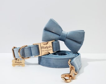 Dusty Blue Velvet Dog Collar with Bow, Personalized Engraved Buckle