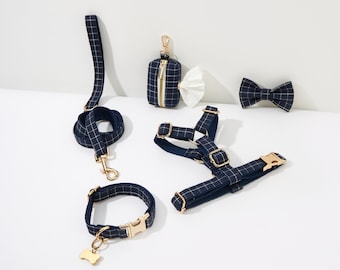 Blue Plaid Dog Collar Boy, Custom Dog Collar Bow, Personalized Dog Collar, Plaid Dog Collar Gingham,Boy Dog Collar, Puppy Collar and Leash