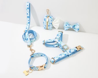Personalized Floral Dog Harness Set, Engraved Buckle, Leash & Collar