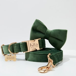 Pine Green Dog Collar Personalized with Name, Thick Velvet Wedding Dog Bow tie Collar and Leash, Custom Puppy Dog Collar Set