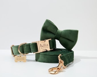 Pine Green Dog Collar Personalized with Name, Thick Velvet Wedding Dog Bow tie Collar and Leash, Custom Puppy Dog Collar Set