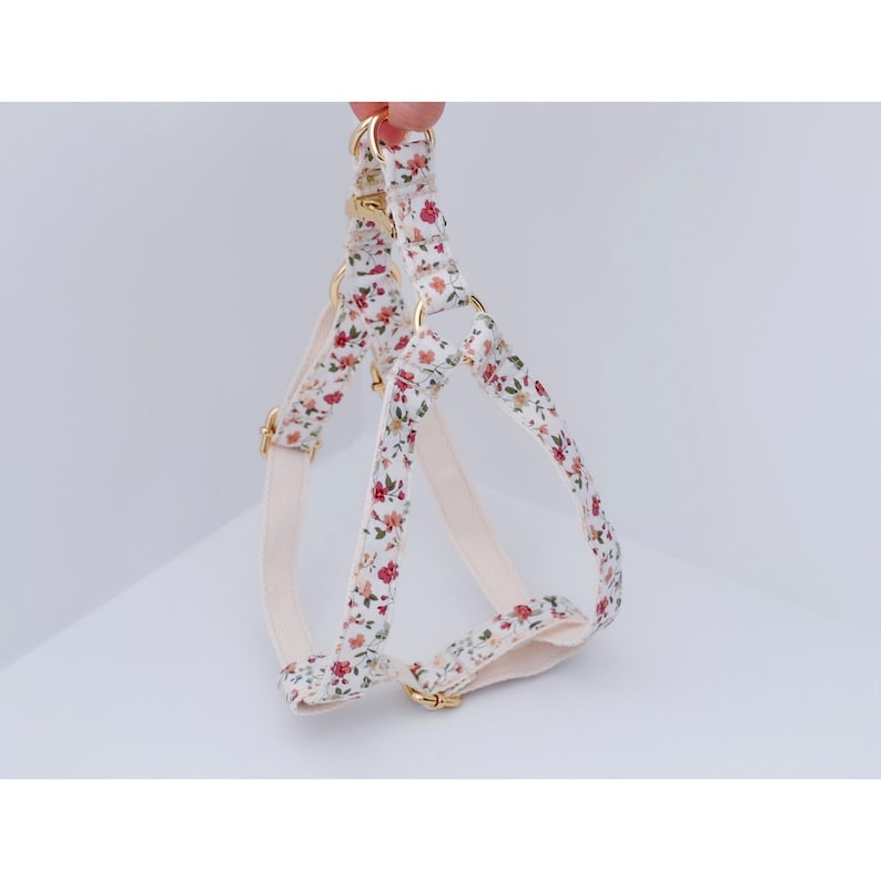 May include: A white dog harness with a floral pattern. The harness has gold-colored hardware and adjustable straps.