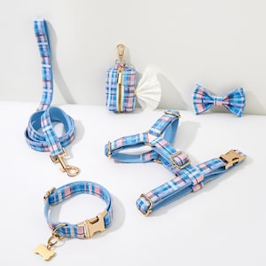 Blue Plaid Personalised Dog Harness, Handmade Harness Collar and Leash Set for Large Dog, Custom Wedding Dog Harness with Black Hardware