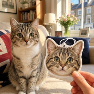 Può includere: Un deodorante per ambienti fustellato con una stampa fotografica realistica del muso di un gatto tigrato marrone con occhi verdi, baffi bianchi e naso rosa, completo di un cordino elastico bianco fissato in alto per appenderlo.