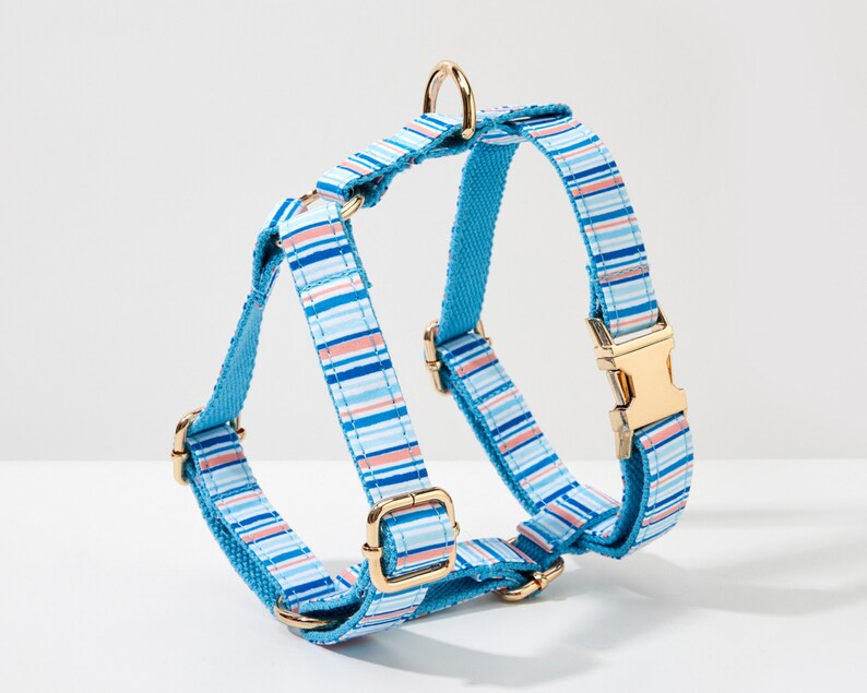 May include: A blue and white striped dog harness with gold-colored metal hardware. The harness features a striped pattern in shades of blue and coral. The harness has adjustable straps and a buckle closure.