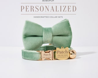 Customized Cat Collar in Sage Green Velvet, Engraved Kitties Collar Leash, Engraved Gold Cat Tag,Handmade Luxury Cat Collar for Puppy Collar