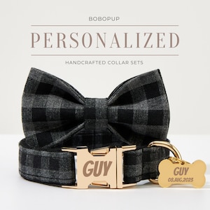 Puppy Dog Collar Bow,Black Plaid Dog Collar, Personalized Dog Collar with Name, Pet Collar for Boy Dog, Gingham Dog Collar, UK Free Shipping