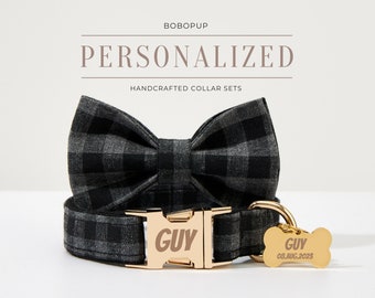 Puppy Dog Collar Bow,Black Plaid Dog Collar, Personalized Dog Collar with Name, Pet Collar for Boy Dog, Gingham Dog Collar, UK Free Shipping
