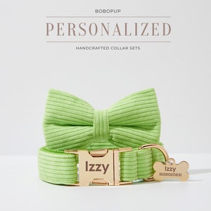 Lime Corduroy Dog Collar Leash Set,Fancy Puppy Harness For Girl Dog, Personalized Collar For Puppy Birthday, Dog Collar Harness and Lead Set