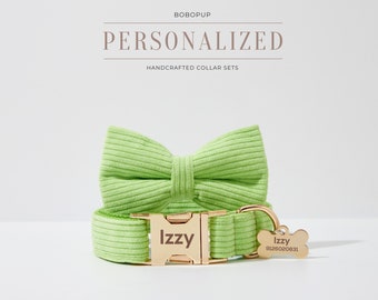 Lime Corduroy Dog Collar Leash Set,Fancy Puppy Harness For Girl Dog, Personalized Collar For Puppy Birthday, Dog Collar Harness and Lead Set