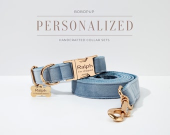 Dusty Blue Dog Collar Boy, Custom Dog Collar Bow, Personalized Dog Collar, Wedding Dog Collar, Small Dog Collar, Puppy Dog Collar and Leash