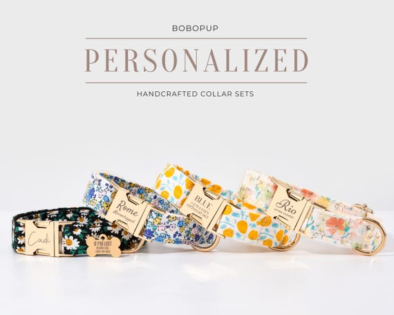 Personalized Floral Dog Collar Leash Gift For Her,Engraved Pet Collar Tag For Pet Birthday Gifts,Handmade Small Dog Collar Leash Set