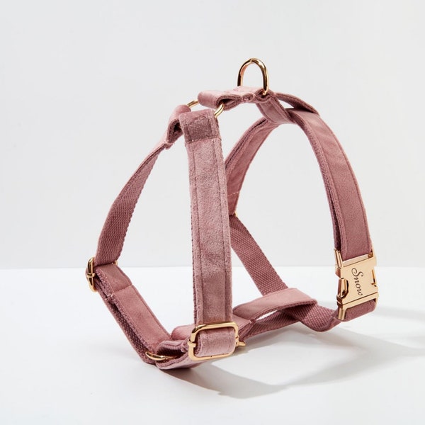 Hundegeschirr aus staubigem rosa Samt, Step-in-Geschirr, personalisiertes Gold-Hardware-Geschirr für Mädchenwelpe, Hundehalsband, Geschirr und Leine-Set