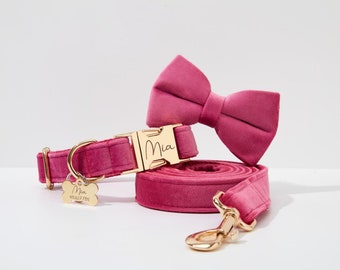 Pink Personalized Dog Collar Flower Set, Custom Dog Collar with Name Engraved Buckle, Wedding Dog Collar and Leash