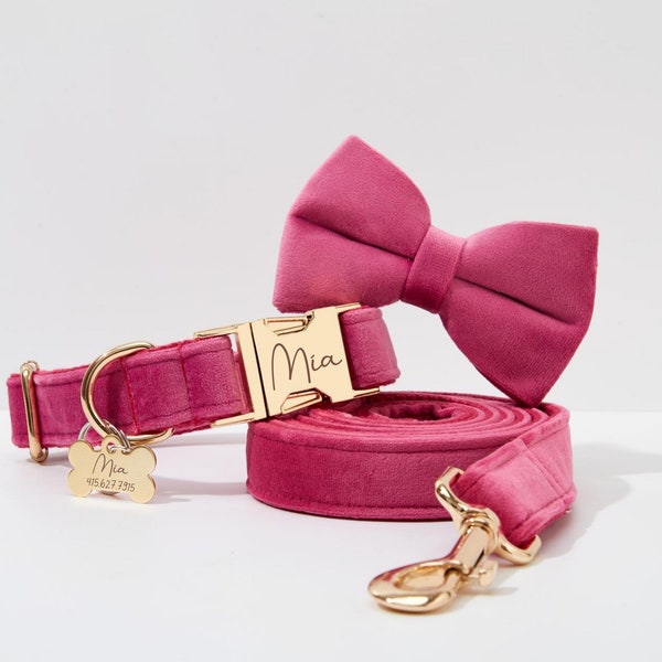 Roze gepersonaliseerde halsband bloemenset, aangepaste halsband met naam gegraveerde gesp, bruiloft halsband en riem