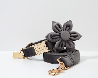 Personalized Grey Velvet Dog Collar, Bow Tie & Leash, Engraved Buckle