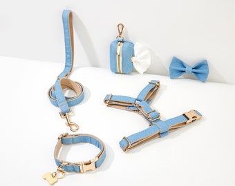 Ensemble de noeuds de collier de harnais en denim bleu, harnais personnalisé avec nom, ensemble harnais et laisse pour chien personnalisé, livraison gratuite dans le monde entier
