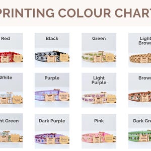 May include: Color chart showing different colors of dog collars with personalized name tags. The colors include red, black, green, light brown, white, purple, light purple, brown, light green, dark purple, pink, and dark green.