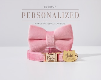 Personalized Velvet Cat Collar Bowtie Set, Engraved Pet Buckle Collar Leash