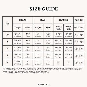 May include: Size guide chart for dog collars, leashes, harnesses, and bow ties. The chart shows measurements in inches and centimeters for each size: XS, S, M, L, and XL.
