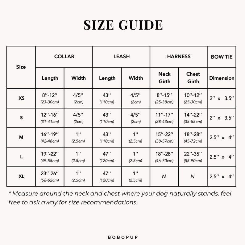 May include: Size guide chart for dog collars, leashes, harnesses, and bow ties. The chart shows measurements in inches and centimeters for each size: XS, S, M, L, and XL.