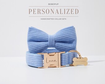 Light Blue Corduroy Dog Collar Leash Set, Personalized Corduroy Puppy Collar Bowtie,No Pull Puppy Harness For Boy Girl Dog,Wedding Gift
