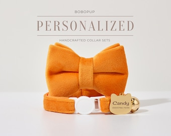 Safety Cat Collar Leash in Orange Velvet , Engraved Kitties Collar Leash, Engraved Gold Cat Tag,Handmade Luxury Cat Collar for Puppy Collar
